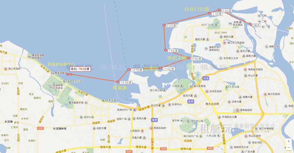 新埠島國(guó)際游艇碼頭→白沙門(mén)公園→世紀(jì)大橋→萬(wàn)綠園→秀英港→西海岸會(huì)展中心